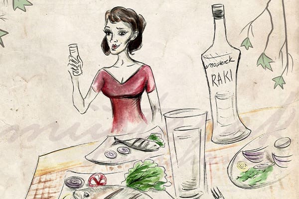 Aquarell: Frau hebt ein Rakı-Glas am gedeckten Meyhane-Tisch