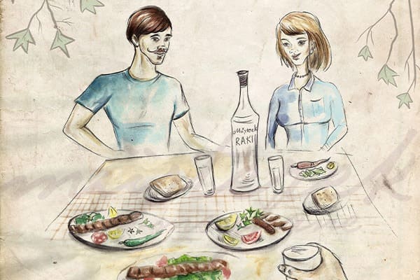 Paar mit Adana-Kebab und Rakı
