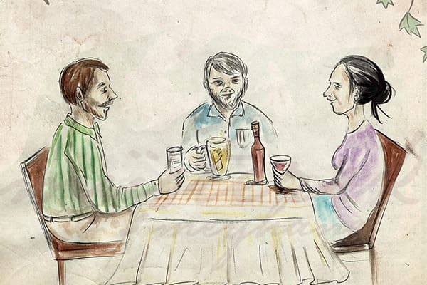Aquarell-Illustration: drei Freunde an einem Meyhane-Tisch